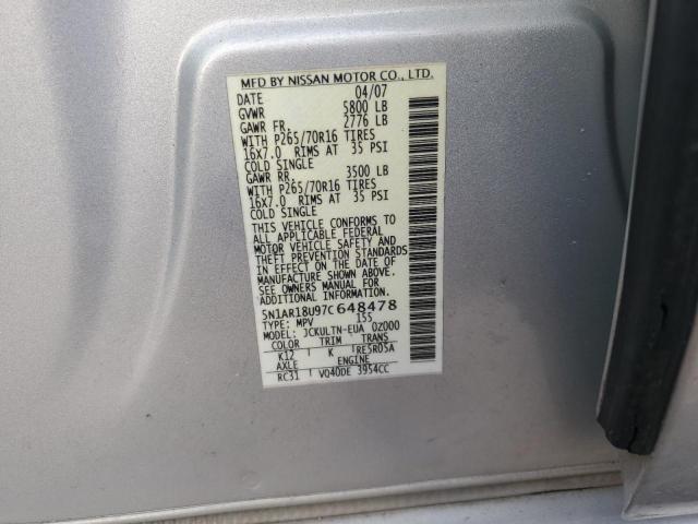 5N1AR18U97C648478 - 2007 NISSAN PATHFINDER LE 银色 照片 14