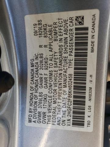 2HGFC2F86KH602458 - 2019 HONDA CIVIC SPORT ნაცრისფერი ფოტო 12