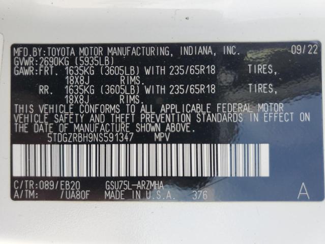 5TDGZRBH9NS591347 - 2022 TOYOTA HIGHLANDER XLE WHITE photo 14