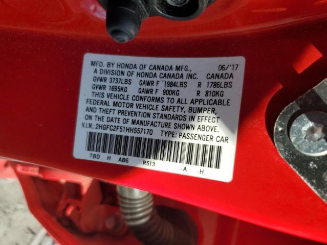 2HGFC2F51HH557170 - 2017 HONDA CIVIC LX RED photo 13