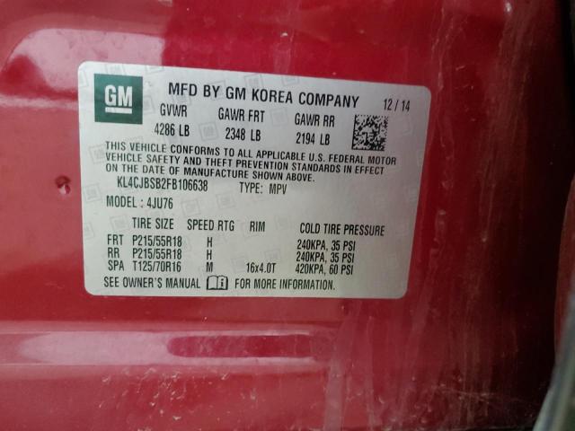 KL4CJBSB2FB106638 - 2015 BUICK ENCORE CONVENIENCE 红色 照片 13