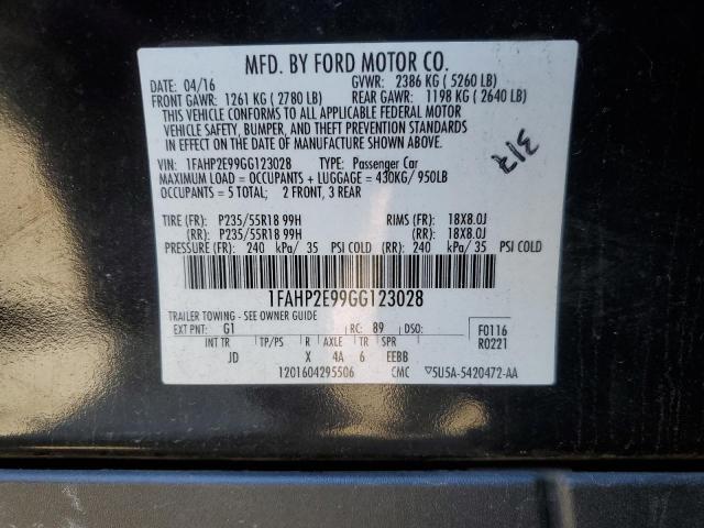 1FAHP2E99GG123028 - 2016 FORD TAURUS SEL BLACK photo 12