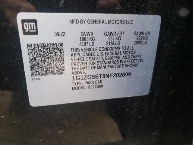 1G1ZG5ST8NF202699 - 2022 CHEVROLET MALIBU RS შავი ფოტო 12