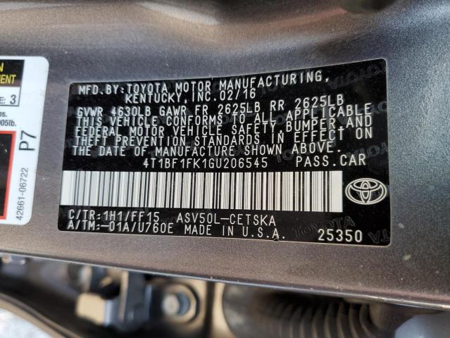 4T1BF1FK1GU206545 - 2016 TOYOTA CAMRY LE GRAY photo 13