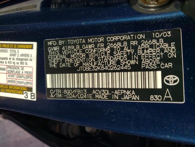 JTDBE32K840262445 - 2004 TOYOTA CAMRY LE BLUE photo 12