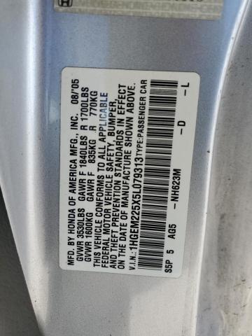 1HGEM225X5L079313 - 2005 HONDA CIVIC LX SILVER photo 12