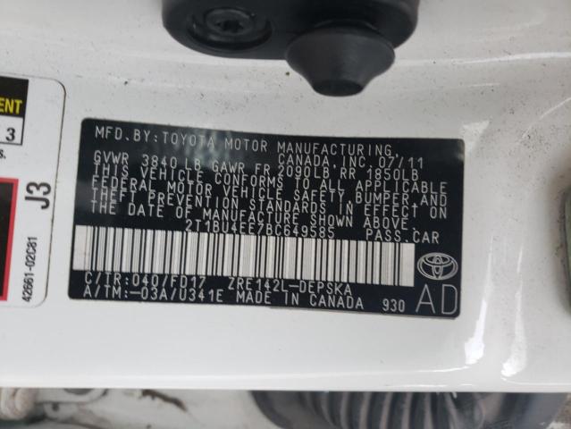 2T1BU4EE7BC649585 - 2011 TOYOTA COROLLA BASE WHITE photo 12