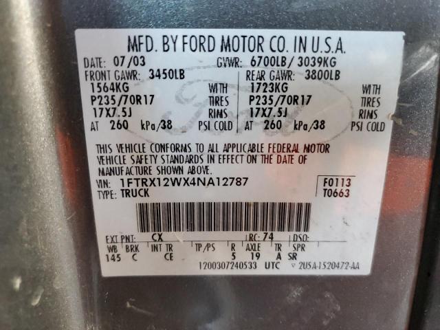 1FTRX12WX4NA12787 - 2004 FORD F150 SILVER photo 12