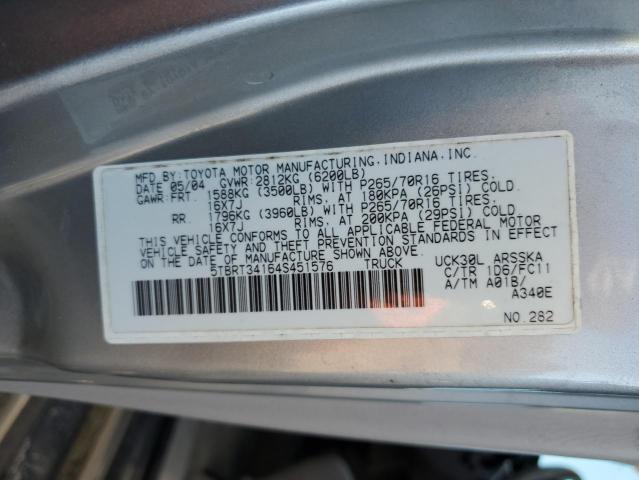 5TBRT34164S451576 - 2004 TOYOTA TUNDRA ACCESS CAB SR5 SILVER photo 13