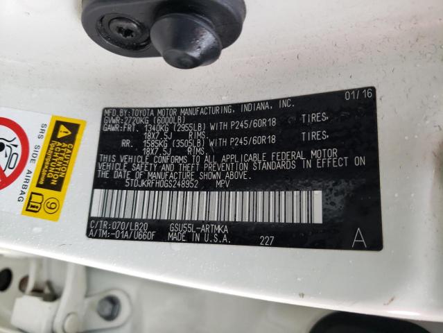 5TDJKRFH0GS248952 - 2016 TOYOTA HIGHLANDER XLE WHITE photo 13