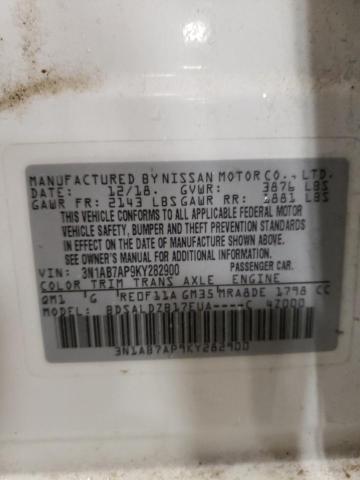 3N1AB7AP9KY282900 - 2019 NISSAN SENTRA S WHITE photo 12