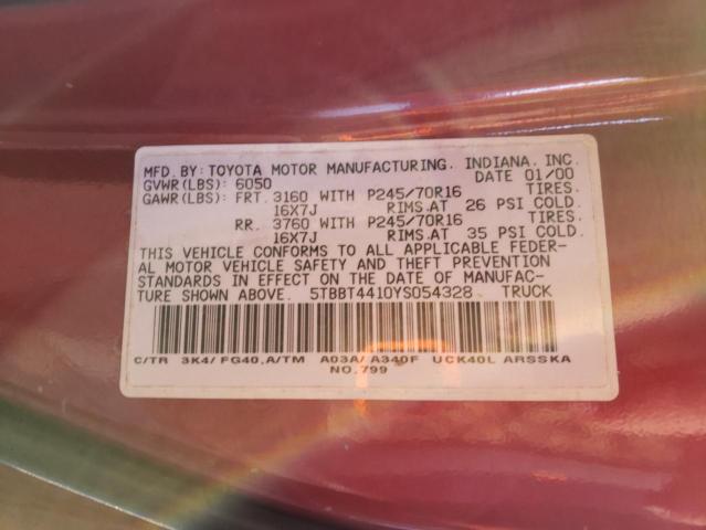 5TBBT4410YS054328 - 2000 TOYOTA TUNDRA ACCESS CAB 红色 照片 12