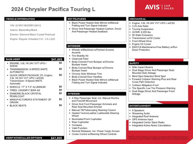 2C4RC1BG5RR128512 - 2024 CHRYSLER PACIFICA TOURING L BLACK photo 13