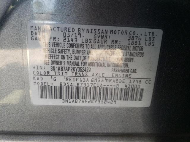 3N1AB7AP2KY352429 - 2019 NISSAN SENTRA S GRAY photo 12