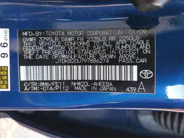 JTDKB20U797886274 - 2009 TOYOTA PRIUS BLUE photo 12