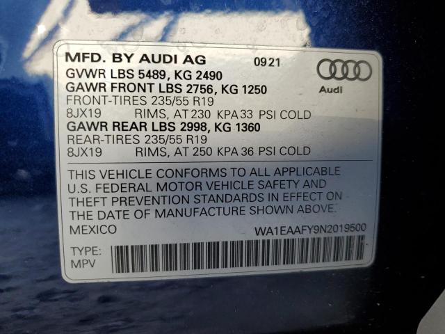 WA1EAAFY9N2019500 - 2022 AUDI Q5 PREMIUM PLUS 45 BLUE photo 12