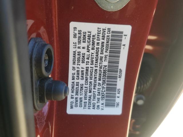 19XFC1F76KE008674 - 2019 HONDA CIVIC EXL წითელი ფოტო 12