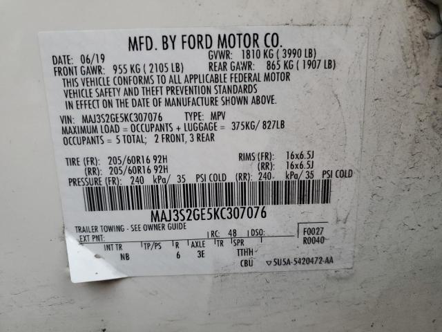 MAJ3S2GE5KC307076 - 2019 FORD ECOSPORT SE WHITE photo 12