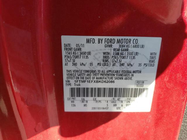 1FTMF1EFXBKD62086 - 2011 FORD F150 RED photo 13
