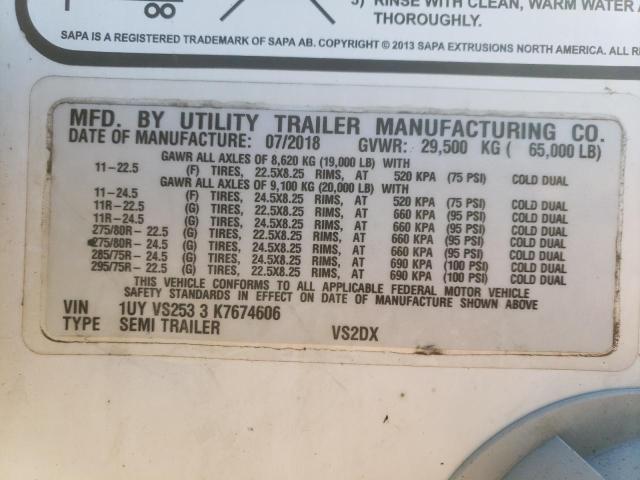 1UYVS2533K7674606 - 2019 UTILITY TRAILER Սպիտակ լուսանկար 10