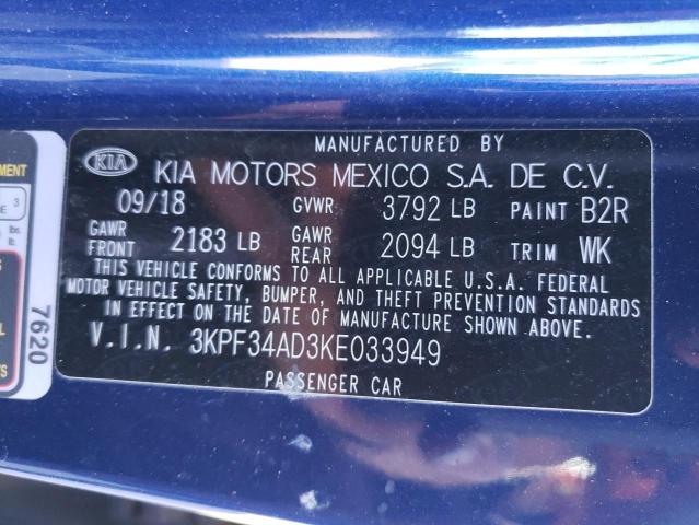 3KPF34AD3KE033949 - 2019 KIA FORTE GT LINE BLUE photo 12