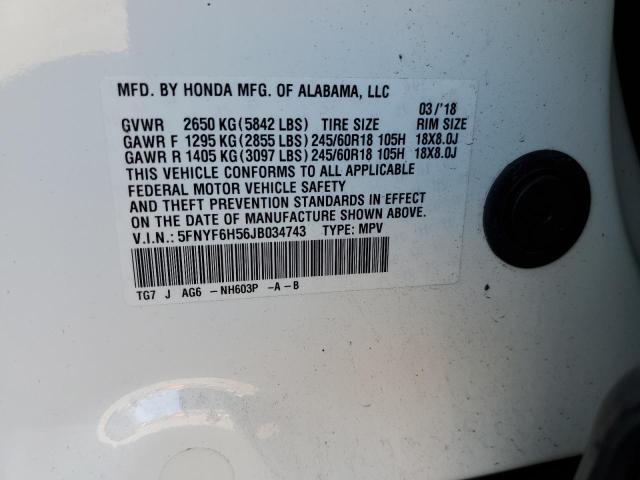 5FNYF6H56JB034743 - 2018 HONDA PILOT EXL WHITE photo 13