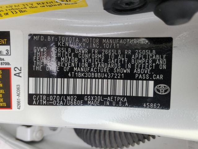 4T1BK3DB8BU437221 - 2011 TOYOTA AVALON BASE WHITE photo 12