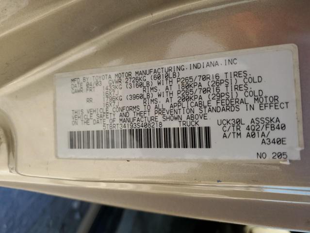 5TBRT34193S408218 - 2003 TOYOTA TUNDRA ACCESS CAB SR5 BEIGE photo 12