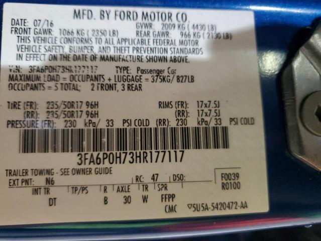 3FA6P0H73HR177117 - 2017 FORD FUSION SE BLUE photo 12