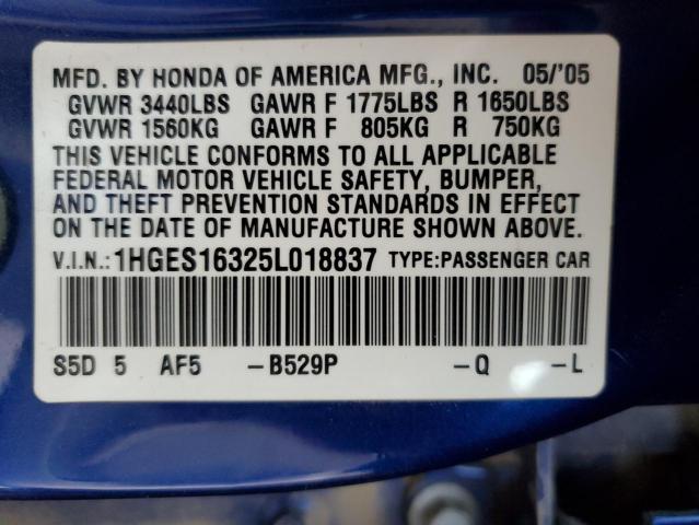 1HGES16325L018837 - 2005 HONDA CIVIC DX VP أزرق صورة 13