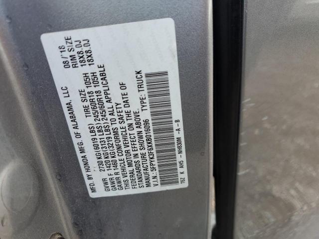 5FPYK3F6XKB016096 - 2019 HONDA RIDGELINE RTL SILVER photo 12