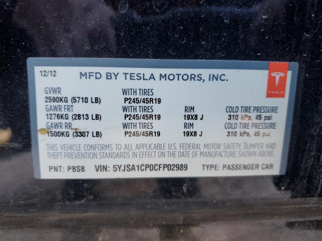 5YJSA1CP0CFP02989 - 2012 TESLA MODEL S შავი ფოტო 13