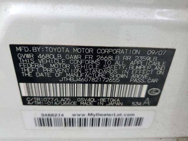 JTHBJ46G782172655 - 2008 LEXUS ES 350 WHITE photo 12