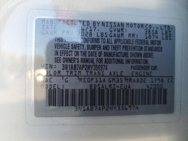 3N1AB7AP2HY356974 - 2017 NISSAN SENTRA S WHITE photo 13