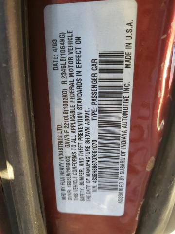 4S3BH686737651070 - 2003 SUBARU LEGACY OUTBACK LIMITED BURGUNDY photo 12