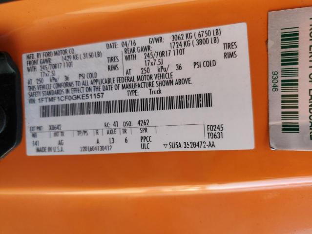 1FTMF1CF0GKE51157 - 2016 FORD F150 ORANGE photo 12