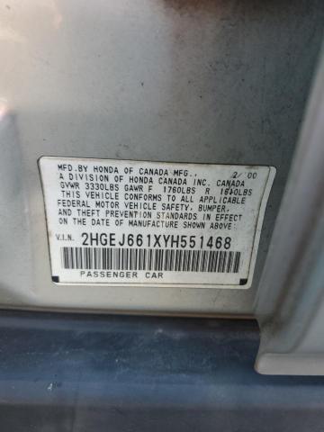 2HGEJ661XYH551468 - 2000 HONDA CIVIC BASE SILVER photo 12