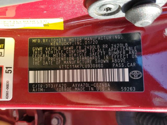 4T1C11AK7LU930860 - 2020 TOYOTA CAMRY LE RED photo 12