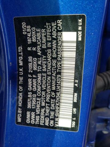 SHHFK7H34LU414379 - 2020 HONDA CIVIC LX BLUE photo 12