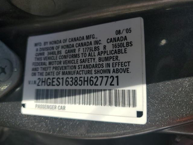 2HGES16385H627721 - 2005 HONDA CIVIC DX VP SILVER photo 13