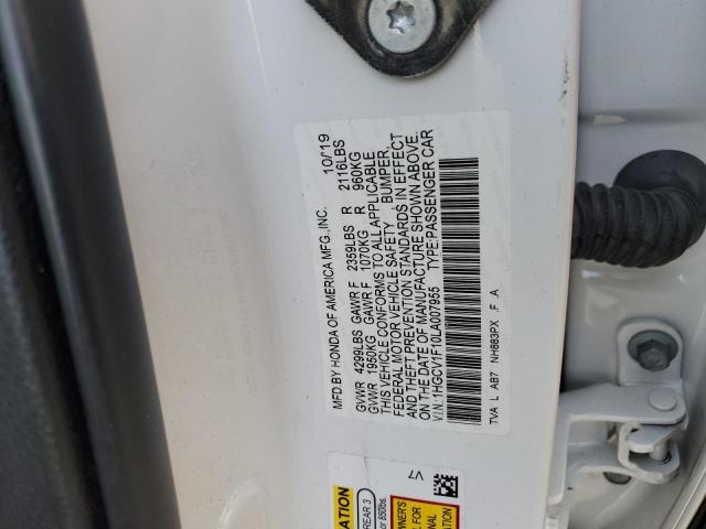 1HGCV1F10LA007955 - 2020 HONDA ACCORD LX WHITE photo 12