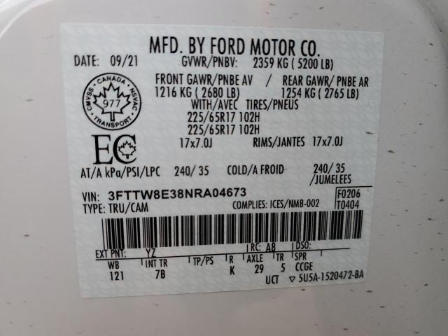 3FTTW8E38NRA04673 - 2022 FORD MAVERICK XL WHITE photo 12