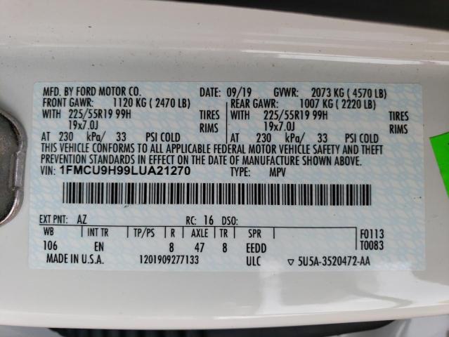 1FMCU9H99LUA21270 - 2020 FORD ESCAPE SEL WHITE photo 13