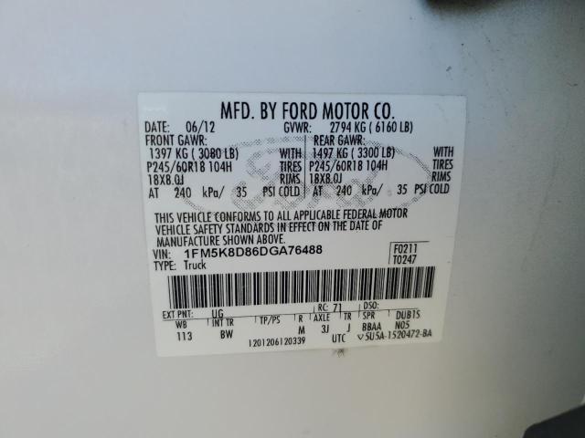 1FM5K8D86DGA76488 - 2013 FORD EXPLORER XLT WHITE photo 13