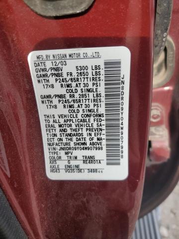JN8DR09Y04W907998 - 2004 NISSAN PATHFINDER LE 勃艮第红 照片 12