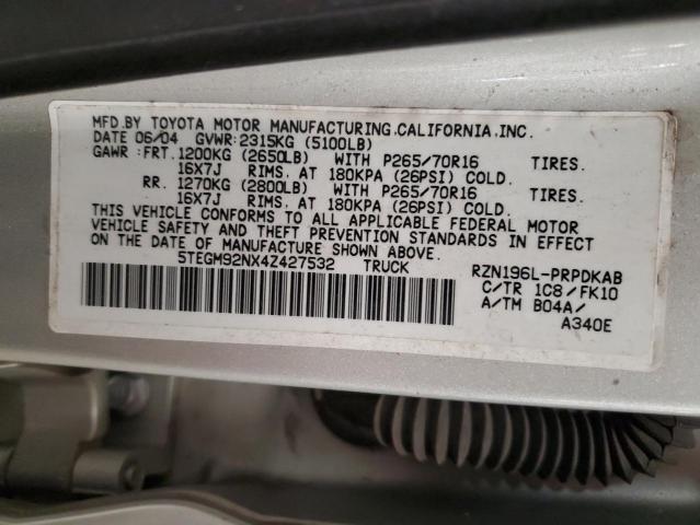 5TEGM92NX4Z427532 - 2004 TOYOTA TACOMA DOUBLE CAB PRERUNNER SILVER photo 13