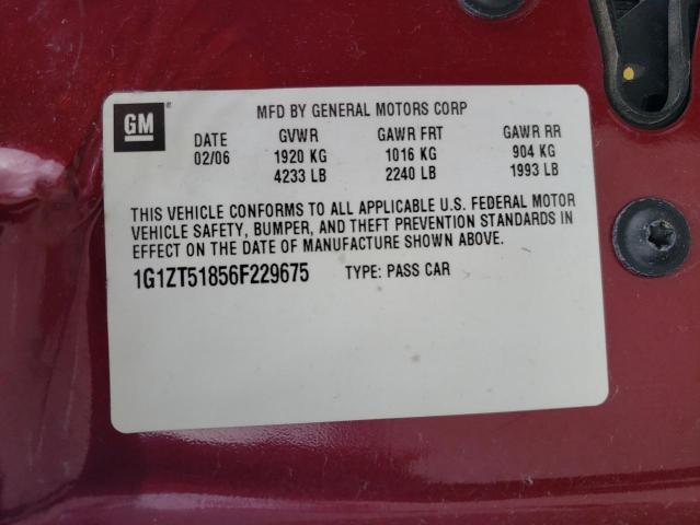 1G1ZT51856F229675 - 2006 CHEVROLET MALIBU LT MAROON photo 12