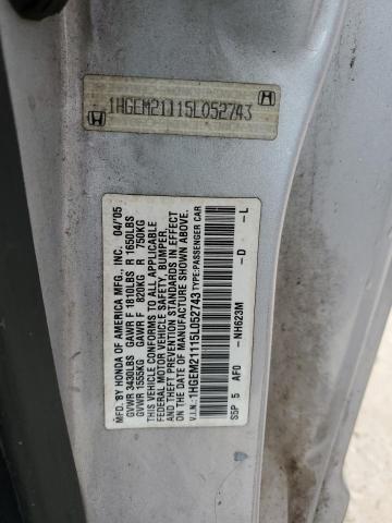 1HGEM21115L052743 - 2005 HONDA CIVIC DX VP Silber Foto 12