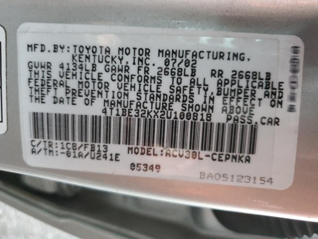 4T1BE32KX2U100818 - 2002 TOYOTA CAMRY LE SILVER photo 12