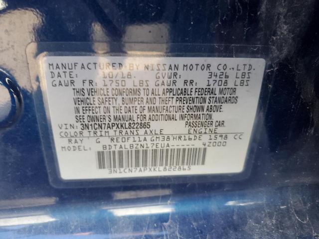 3N1CN7APXKL822865 - 2019 NISSAN VERSA S BLUE photo 12